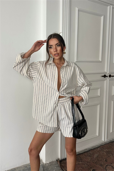 POPLİN ÇİZGİLİ GÖMLEK - ŞORT TAKIM - Bej