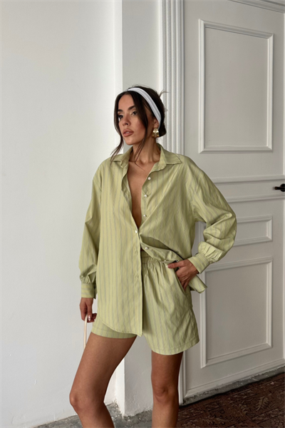 POPLİN ÇİZGİLİ GÖMLEK - ŞORT TAKIM - Yeşil