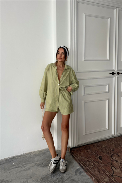 POPLİN ÇİZGİLİ GÖMLEK - ŞORT TAKIM - Yeşil