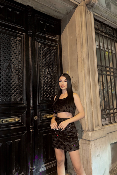 PÜSKÜL PAYET CROP BLUZ-KISA ETEK TAKIM - Siyah