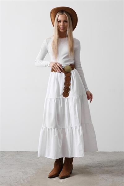 Pamuklu Beli Lastikli Etek - Beyaz