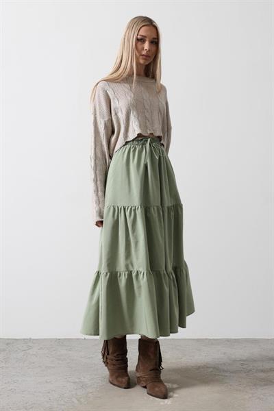Pamuklu Beli Lastikli Etek - Haki