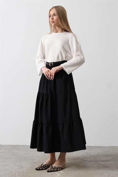 Pamuklu Beli Lastikli Etek - Siyah