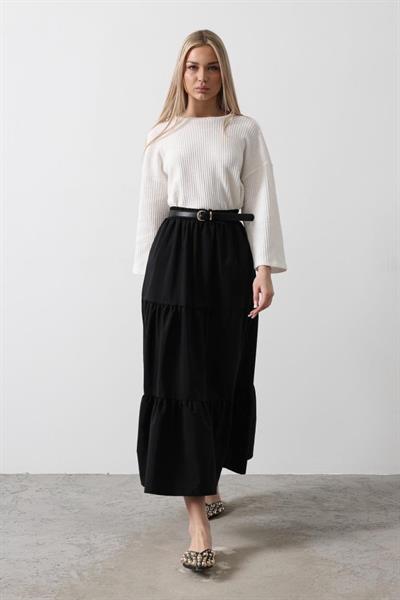 Pamuklu Beli Lastikli Etek - Siyah