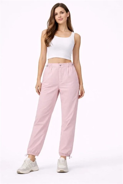 Paraşüt Kumaş Pantolon Bel Ve Paça Ayarlanabilir Lastikli Spor Pantolon - Toz Pembe