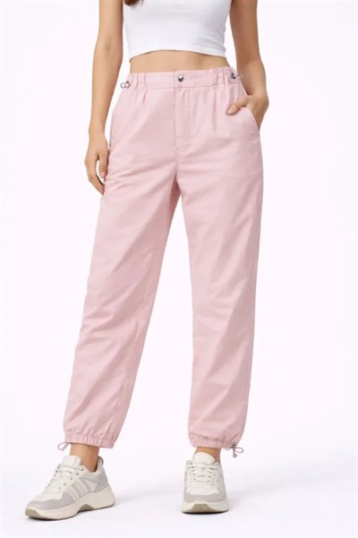 Paraşüt Kumaş Pantolon Bel Ve Paça Ayarlanabilir Lastikli Spor Pantolon - Toz Pembe