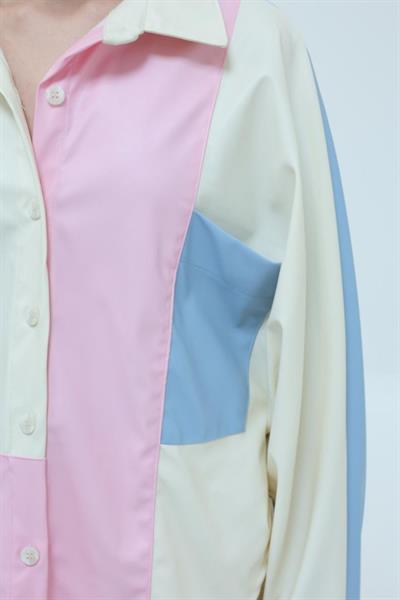 Parçalı Deri Gömlek - Mavi-Ekru-Pembe
