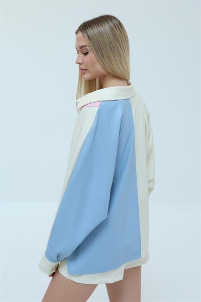 Parçalı Deri Gömlek - Mavi-Ekru-Pembe