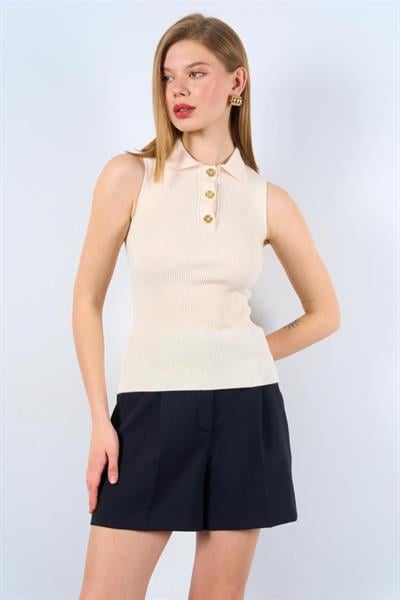 Patlı Düğmeli Triko Atlet - Beyaz Kayısı