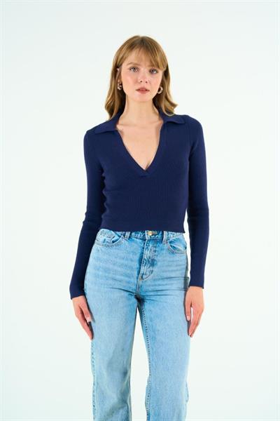 Patlı Polo Yaka Kazak - Lacivert