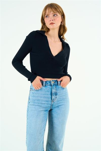 Patlı Polo Yaka Kazak - Siyah