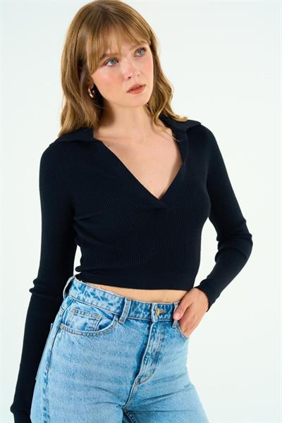 Patlı Polo Yaka Kazak - Siyah