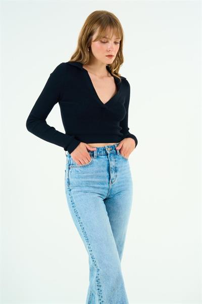 Patlı Polo Yaka Kazak - Siyah