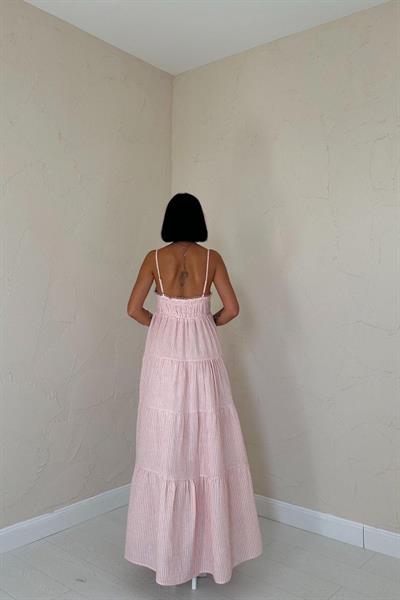 Pembe Askılı Parçalı Çizgili Müslin Elbise