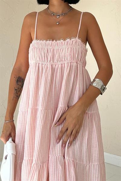 Pembe Askılı Parçalı Çizgili Müslin Elbise