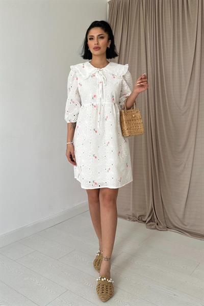 Pembe Bebe Yakalı Brode Elbise