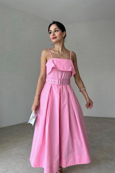 Pembe Beli Kemerli Pileli Elbise