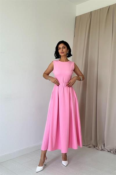 Pembe Halter Yaka Kloş Elbise