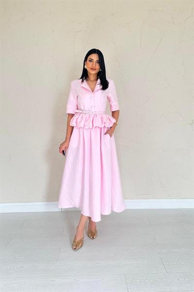 Pembe İnce Kemerli Fırfırlı Ceket Ve Büzgülü Etek Takım