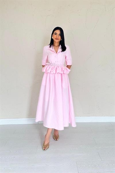 Pembe İnce Kemerli Fırfırlı Ceket Ve Büzgülü Etek Takım