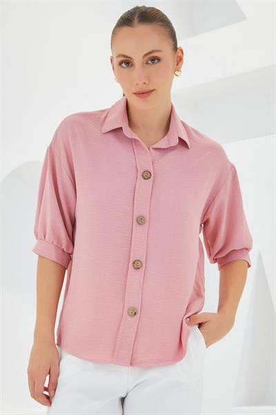 Pembe Kısa Kol Oversize Keten Gömlek 20240
