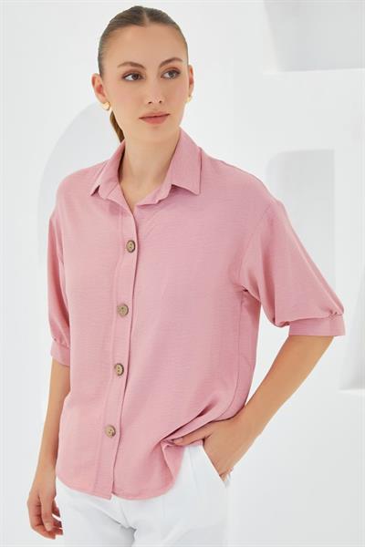 Pembe Kısa Kol Oversize Keten Gömlek 20240