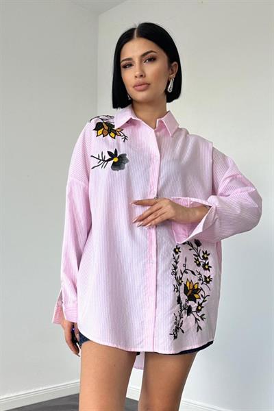 Pembe Klasik Bedensiz Çizgili Poplin Nakışlı Gömlek