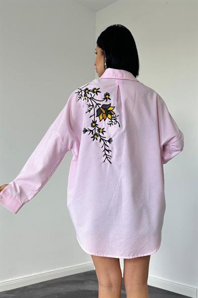 Pembe Klasik Bedensiz Çizgili Poplin Nakışlı Gömlek