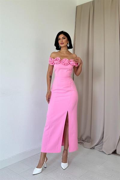 Pembe Madonna Yaka Güllü Elbise