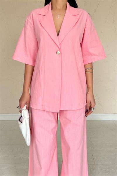 Pembe Önü Tek Düğmeli Ceket Pantolon Takım
