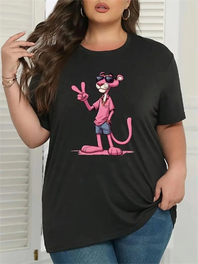 Pembe Panter Baskılı Oversize Bisiklet Yaka T-shirt - Beyaz