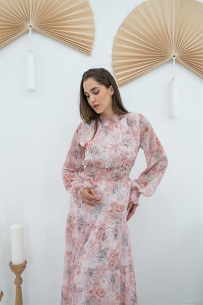 Pembe Şanzelize Çiçek Desenli Elbise