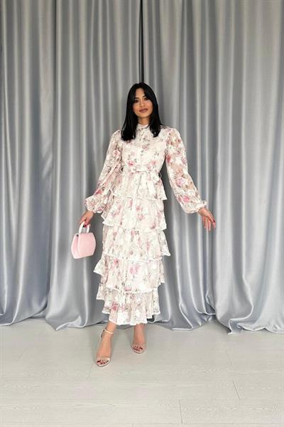 Pembe Valonlu Şeritli Kat Kat Elbise