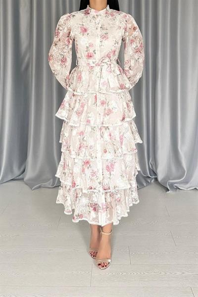 Pembe Valonlu Şeritli Kat Kat Elbise