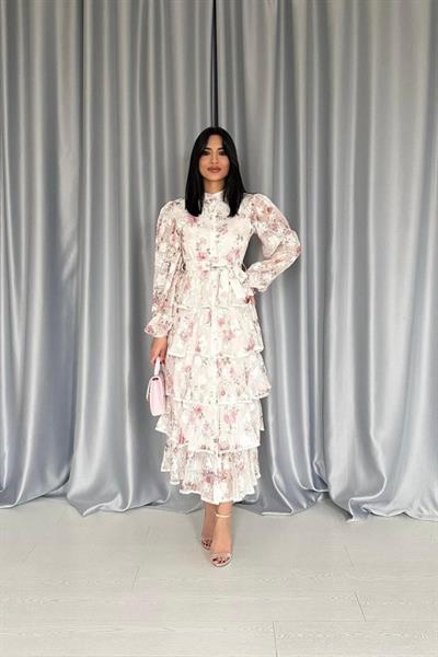 Pembe Valonlu Şeritli Kat Kat Elbise