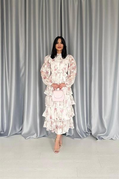 Pembe Valonlu Şeritli Kat Kat Elbise