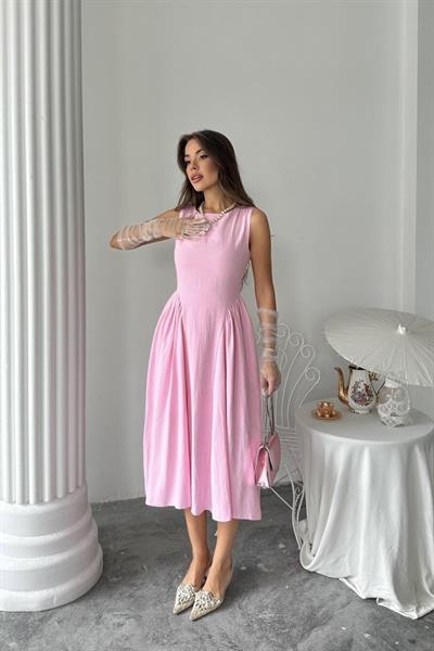 Pembe Yanları Büzgülü Midi Boy Keten Elbise