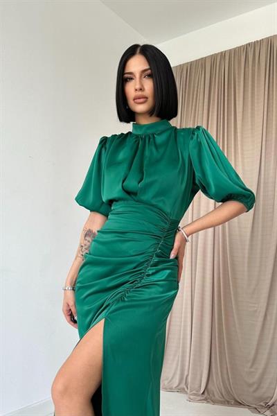 Petrol Büzgülü Saten Elbise