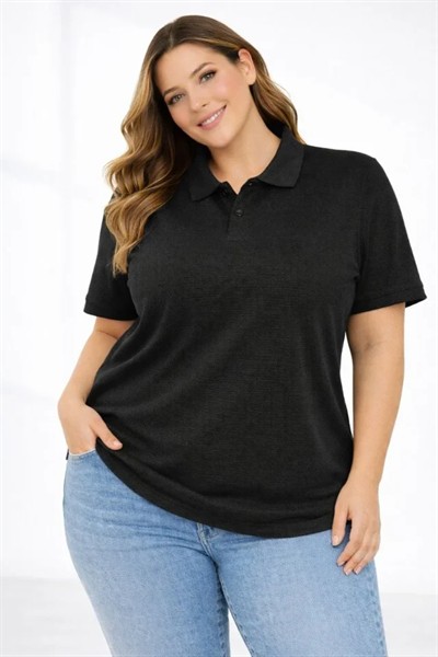 Pike Kumaş Düğmeli Yaka Battal Büyük Beden Günlük Kısa Kol Tişört T-shirt - Siyah