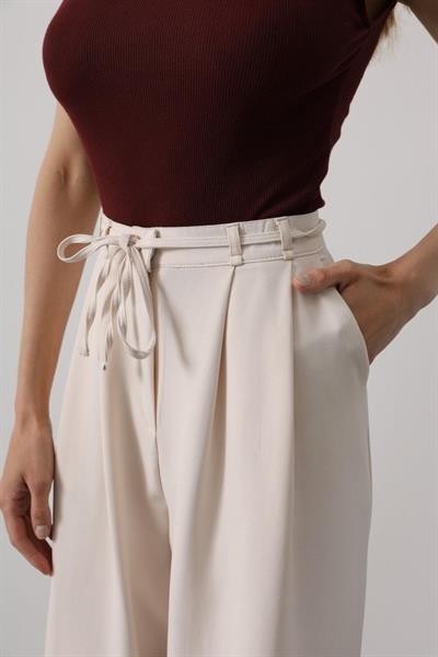Pileli Bağcıklı Oversize Pantolon - Bej
