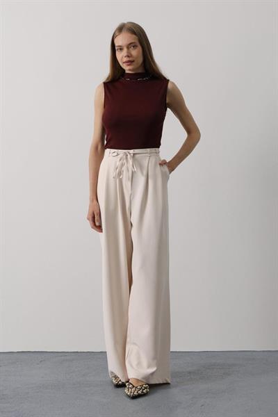 Pileli Bağcıklı Oversize Pantolon - Bej