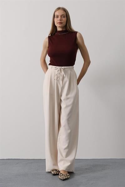 Pileli Bağcıklı Oversize Pantolon - Bej