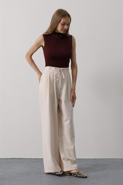 Pileli Bağcıklı Oversize Pantolon - Bej
