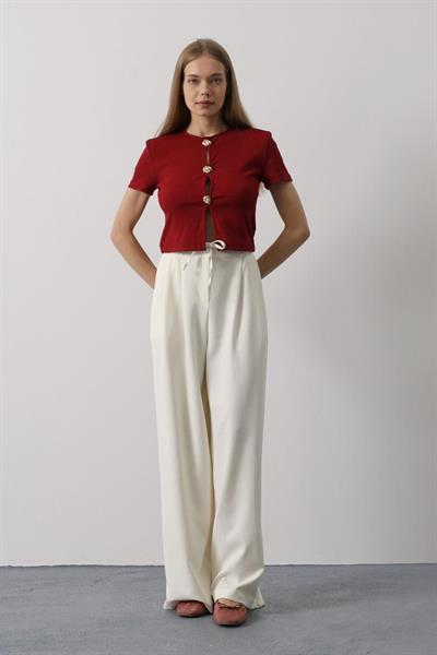 Pileli Bağcıklı Oversize Pantolon - Ekru