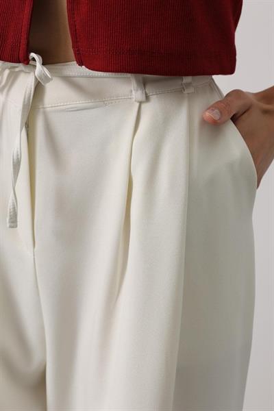 Pileli Bağcıklı Oversize Pantolon - Ekru