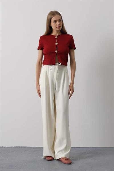 Pileli Bağcıklı Oversize Pantolon - Ekru