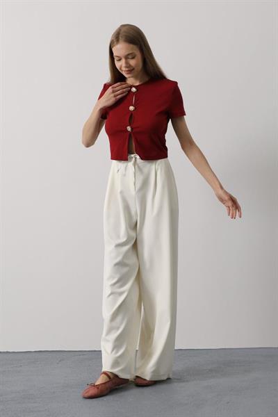 Pileli Bağcıklı Oversize Pantolon - Ekru