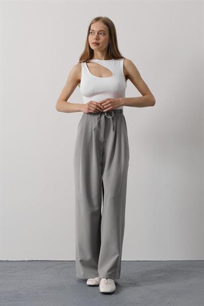 Pileli Bağcıklı Oversize Pantolon - Gri