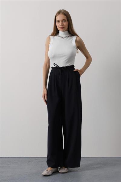 Pileli Bağcıklı Oversize Pantolon - Lacivert