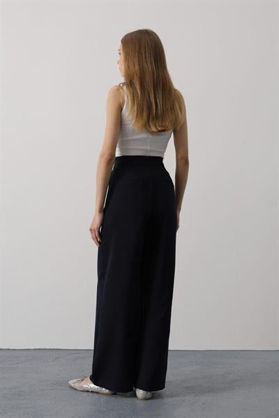 Pileli Bağcıklı Oversize Pantolon - Lacivert